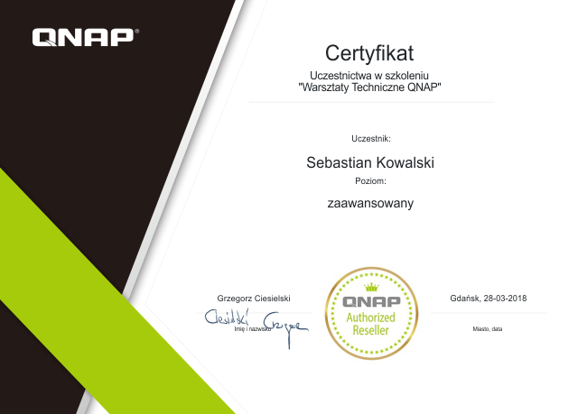 Certyfikat uczestnictwa w szkoleniu "Warsztaty techniczne QNAP"
