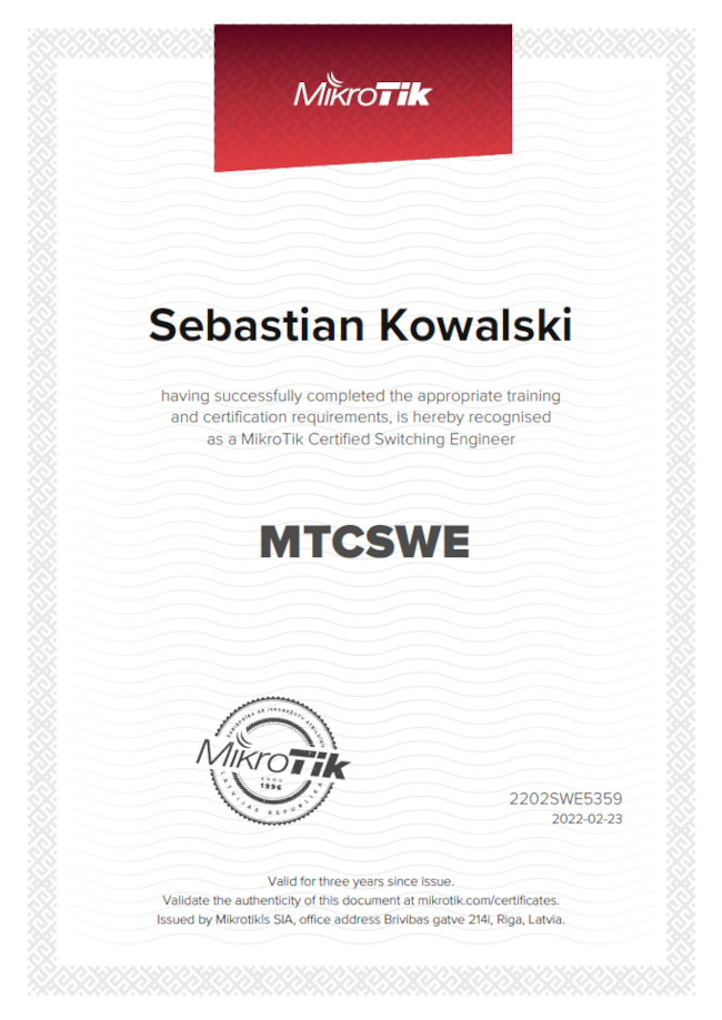 Certyfikat MikroTik Certified Switching Engineer
